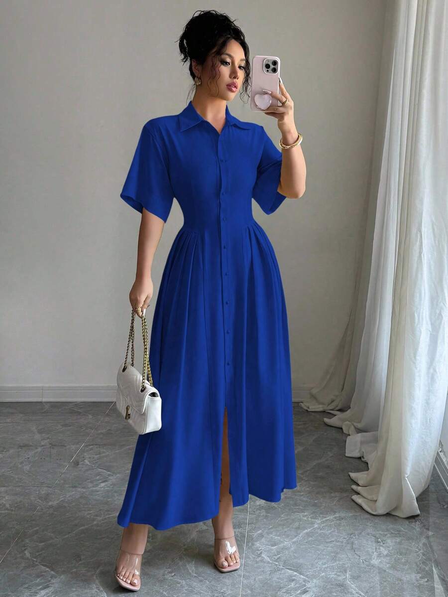 Elenzga Vestido amarillo con diseño de botones monocillo y corte evasé - azul real - Ver 1