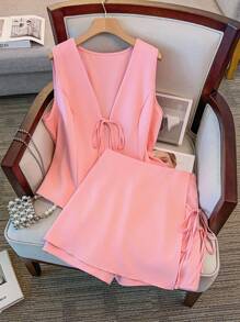 GlowEve CURVE Plus Size Elegant Solid Color Tank Top & Mini Skorts 2 Pieces Set, Summer - Pink - View 1