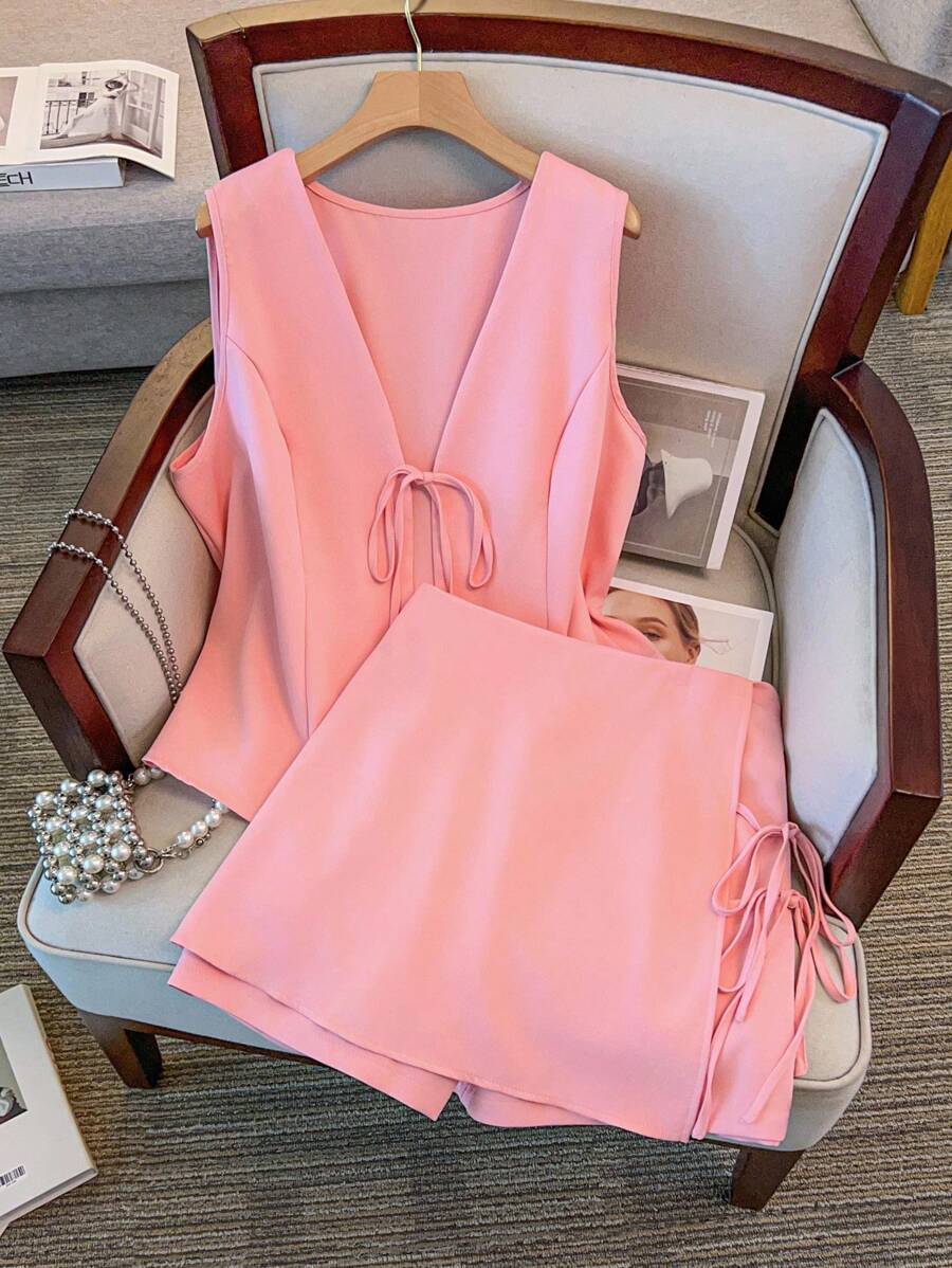 GlowEve CURVE Plus Size Elegant Solid Color Tank Top & Mini Skorts 2 Pieces Set, Summer - Pink - View 1
