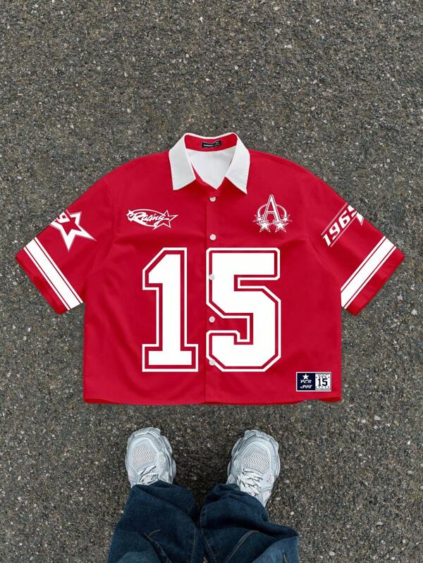 Manfinity ZONE917 Men's Street Style Red & White Contrast 15# Sports Print Pattern Shirt Number Jersey Men's Cropped Tops