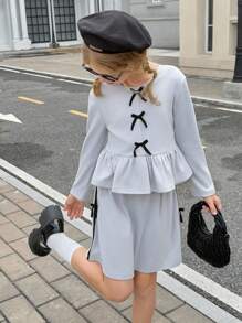 SHEIN Tween Girl Bow Decor Long Sleeve Ruffle Hem T-Shirt And Skirt Set - Grey - View 8