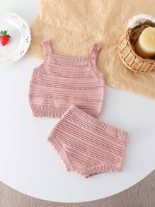 SHEIN Baby Girl Ruffle Trim Camisole Top And Knitted Shorts 2 Piece Outfit Set - Pink - View 2