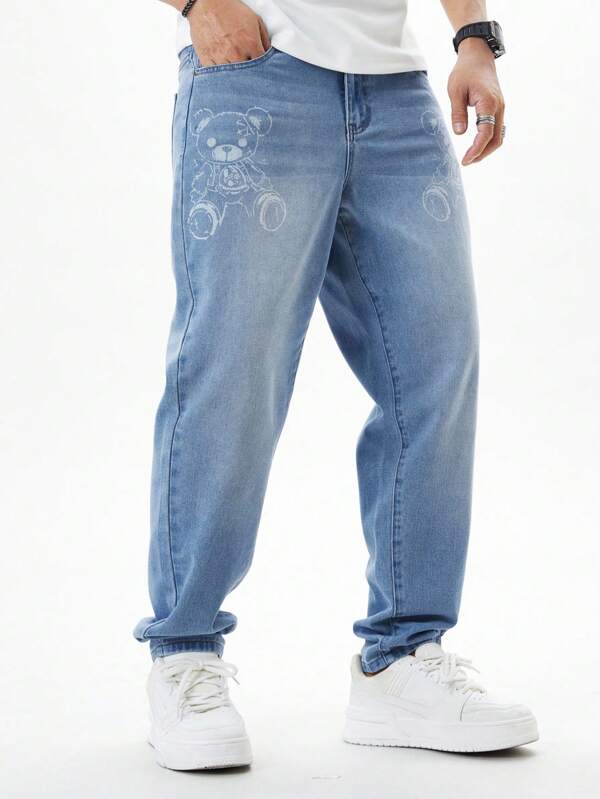 Manfinity EMRG Men's Light Blue Printed Slim Fit Tapered Leg Denim Jeans, Street Style