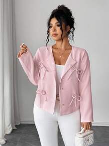 Elenzga Áo khoác dài tay màu hồng thanh lịch cổ tròn cài nút phía trước dành cho nữ cỡ lớn, trang phục thu đông, thích hợp mặc cho nữ. - Hồng - Xem 5