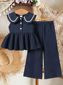 Girls' Navy Blue Sleeveless Casual Suit, Countryside Cute Style - Navy Blue - View 6