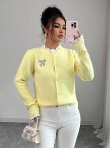 Elenzga 女士休闲宽松圆领荷叶边蝴蝶结黄色开衫毛衣秋冬女装 - 黃色 - 查看 4