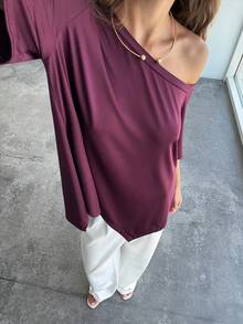Aloruh Women's Solid Color Asymmetrical Neck Casual Loose Short Sleeve T-Shirt, Summer - Purple - View 7