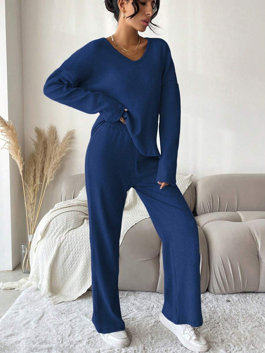 SHEIN Cottnline طقم بنطال طويل بأكمام طويلة ولون سادة للحياة اليومية قطعتين للنساء متعدد الاستخدامات - الأزرق - مشاهدة 1