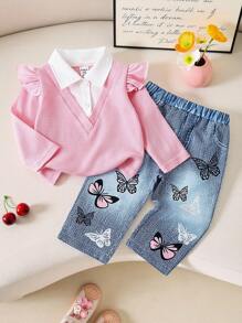 SHEIN 2pcs Set Baju Bayi Perempuan Berkerah Modis, Pakaian Kasual Warna Lembut untuk Musim Semi/Gugur - Berwarna merah muda - View 1