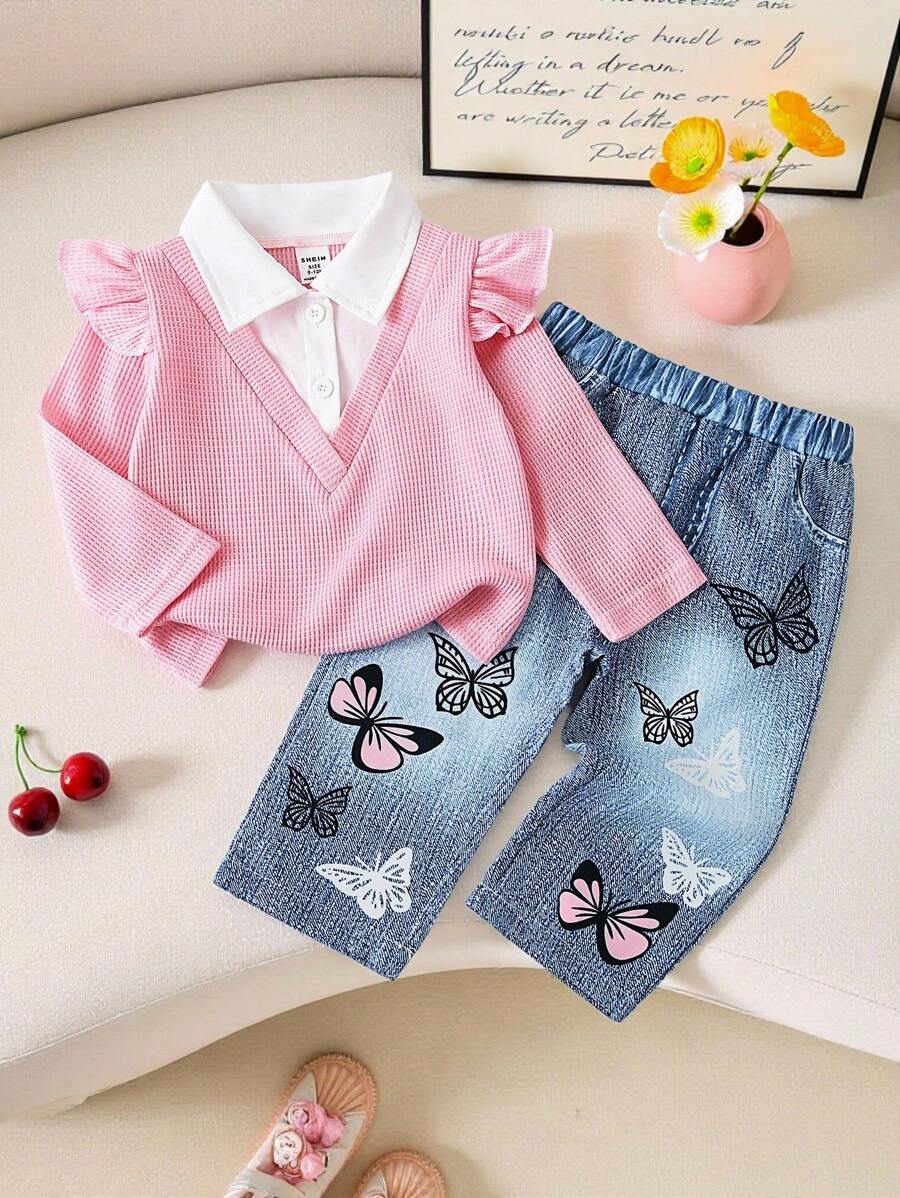 SHEIN 2pcs Set Baju Bayi Perempuan Berkerah Modis, Pakaian Kasual Warna Lembut untuk Musim Semi/Gugur - Berwarna merah muda - View 1