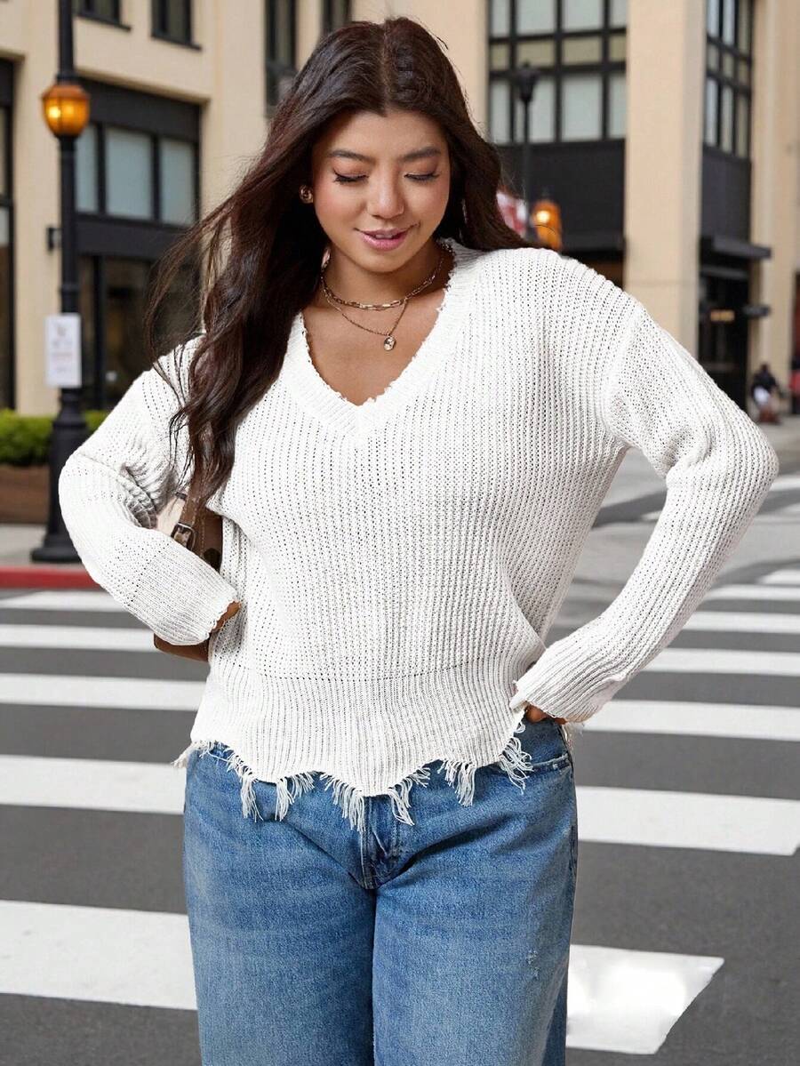 Calvaya Maglione oversize a maniche lunghe da donna casual lento a collo a V con orlo frangato, adatto come indumento esterno e per le vacanze, autunno/inverno - Bianco - Visualizzare 1