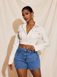 Harviee Áo crop top vải lanh dáng phồng có cổ cài nút, tay áo rộng cho nữ - Màu be - Xem 4