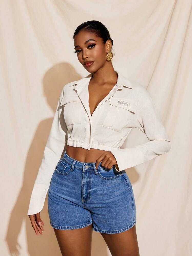 Harviee Áo crop top vải lanh dáng phồng có cổ cài nút, tay áo rộng cho nữ - Màu be - Xem 4