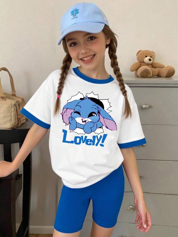 2pcs/Set Girls' Casual Fashion Creative Cartoon Cute Blue Rabbit Design Contrast Color Short Sleeve Tee And Bike Short Outfit