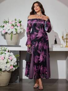 Modelyn 大码女式优雅网眼印花拼接露肩紧身连衣裙 - 紫色 - 查看 5