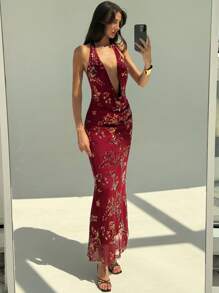 Aloruh Stylish Deep V-Neck Sequin Dress For Music Festival Party - Burgundy - View 8