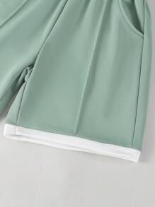SHEIN Explorewe 2 件套男童超大绿色 Polo 衫，领口和下摆撞色，百搭夏季服装，搭配短裤，适合度假、上学、旅行、街头、嘻哈、音乐节等场合，秋冬 - 彩色 - 查看 3