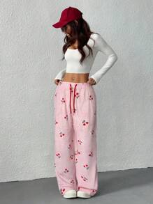SHEIN EZwear 女式浅粉色樱桃图案前系带休闲裤 - 淺粉色 - 查看 5