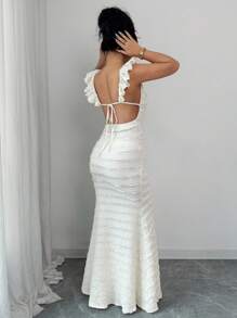 Rafferiza Váy nghỉ mát hở lưng màu trắng cho nữ có cổ chữ V sâu và dáng ôm sát, họa tiết độc đáo - trắng - Xem 2