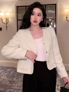 DAZY Women's Elegant Solid Color Overcoat, Suitable For Commuting Jacket - White - View 4