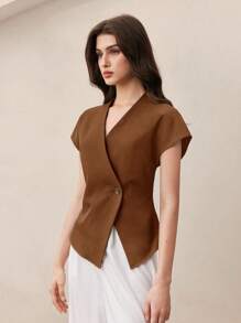 BizChic Áo sơ mi nữ cổ chữ V tay ngắn cài nút kim loại màu cà phê mới thu 2025, hiện đại thanh lịch đô thị lãng mạn tinh tế mộc mạc lễ hội âm nhạc cổ điển du lịch sân bay đám cưới khách sinh nhật Halloween công sở thường ngày tiệc tùng đi chơi sân bay trở lại trường trang phục mùa thu cho nữ - màu nâu - Xem 7