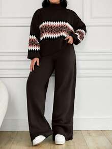 EURMUSE Women's Geometric Pattern High Neck Sweater 2pcs/Set - Brown - View 1