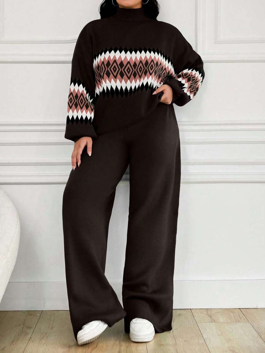 EURMUSE Women's Geometric Pattern High Neck Sweater 2pcs/Set - Brown - View 1