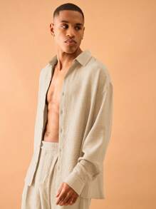 Musero 男士宽松亚麻长袖衬衫，仅供春夏叠穿 - 米色 - 查看 2