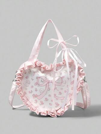 Kawaii Cute Bowknot Cat & Heart Print Ballet Lace Large Capacity Tote Bag, Women Shoulder Bag 999058