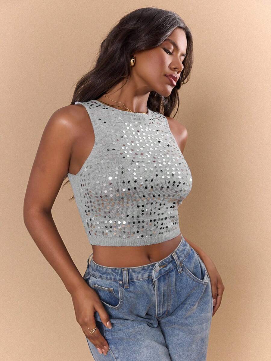 Slaydiva 女式亮片装饰无袖短款上衣，修身夏季针织背心 - 灰色 - 查看 1