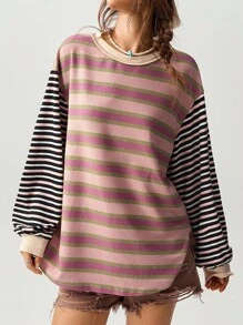Bohemela Plus Size Contrast Color Stripe Patchwork Drop Shoulder Loose Sweatshirt,Fall Clothes For Women Winter Autumn - Multicolor - View 3