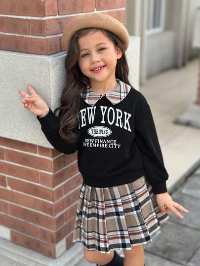 SHEIN 2pcs Young Girl Casual Polo Collar Letter Graphic Sweatshirt & Plaid Mini Skirt Set,Back-To-School,Autumn,Career Day,Comfortable Fall Tracksuit Outfit