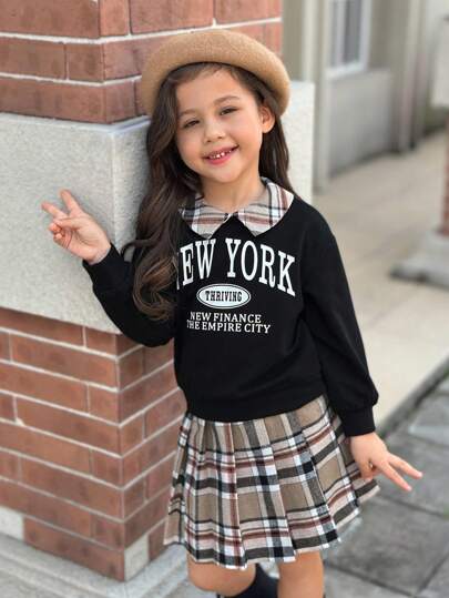 SHEIN 2pcs Young Girl Casual Polo Collar Letter Graphic Sweatshirt & Plaid Mini Skirt Set,Back-To-School,Autumn,Career Day,Comfortable Fall Tracksuit Outfit