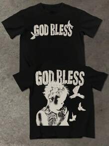 Manfinity LEGND Áo thun nam cổ tròn tay ngắn in chữ và hình mùa hè, áo thun thường ngày God Bless, áo thun họa tiết God, áo thun họa tiết cỡ lớn, áo thun họa tiết nam - màu đen - Xem 2