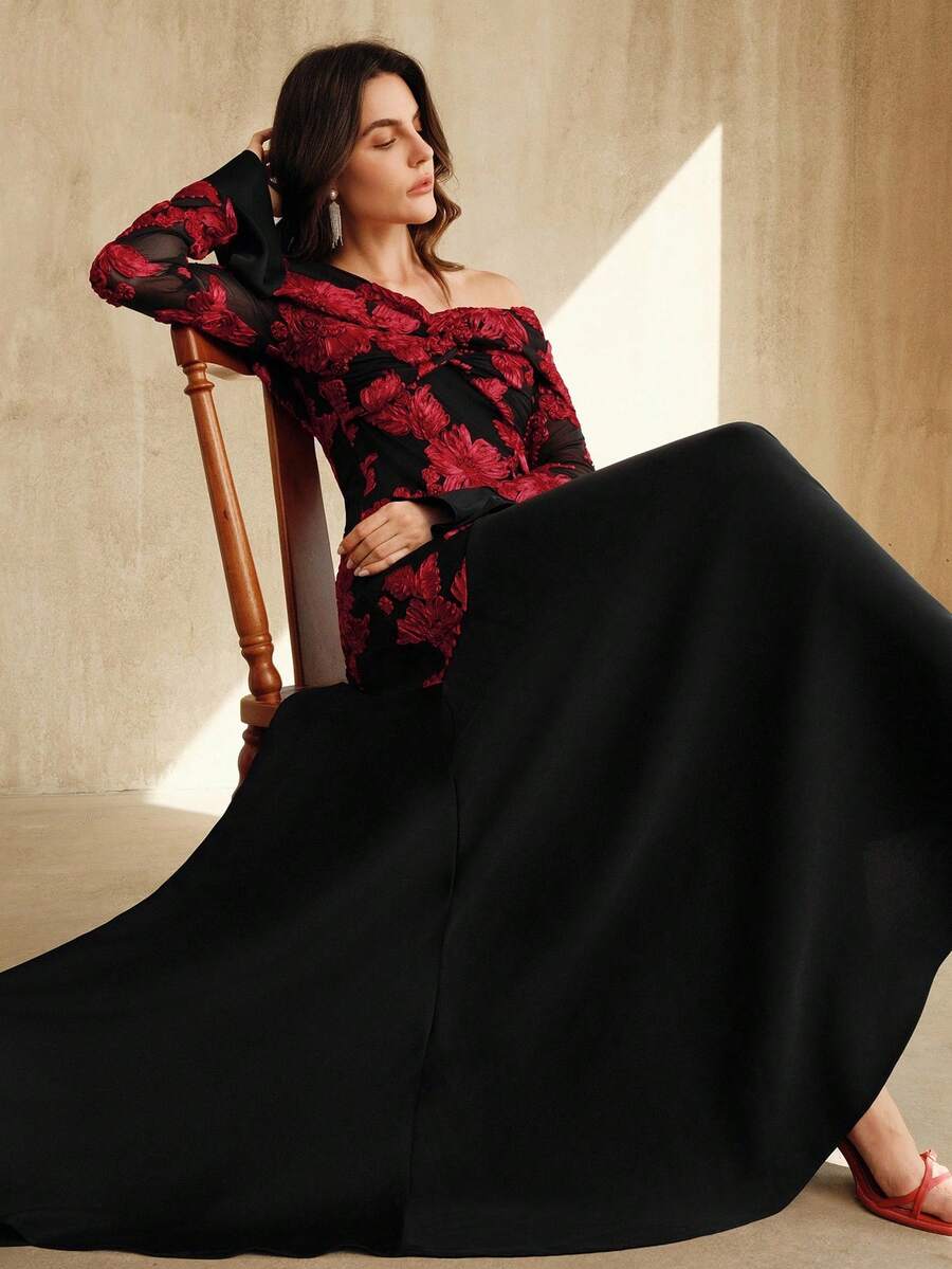 Anewsta White Elastic Fitted Flare Long Sleeve Off-Shoulder Dress For Women - Black - View 1