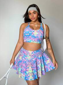 Easithlete 2 件女式加大码豹纹运动套装 - 可拆卸加垫交叉后背运动文胸和带口袋的豹纹短裤，适合日常休闲穿着、跑步、瑜伽、健身房、网球锻炼女式套装 - 彩色 - 查看 1