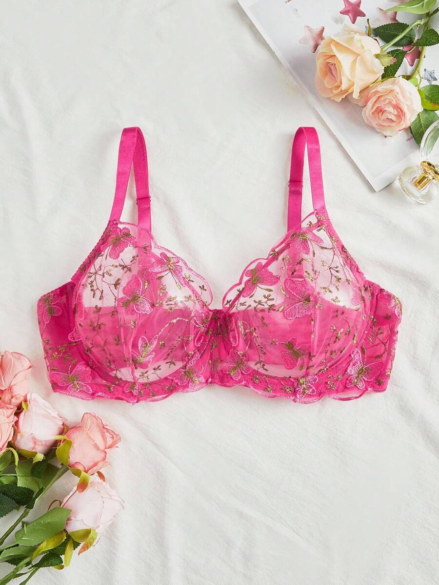 SHEIN 1pc Plus Size Underwire Embroidered Sexy Bra, Lift - Hot Pink - View 1