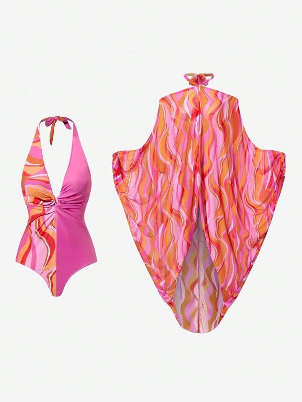 Swim Oasis Women Beach Vacation Splice Print Twist Front One-Piece Swimsuit With Batwing Cover Up Set