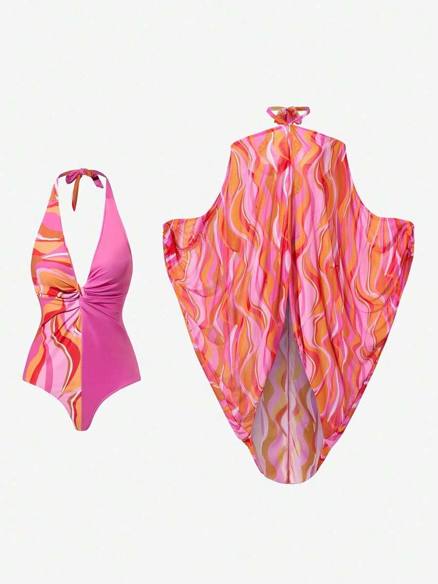 Swim Oasis Maillot de bain une-pièce avec empiècement imprimé et twist à l'avant, assorti à une cache-maillot chauve-souris pour femmes, idéal pour les vacances à la plage