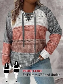 SHEIN PETITE CURVE Sudadera con capucha suave y de color block con cordones en las mangas largas, para uso casual diario en tallas grandes