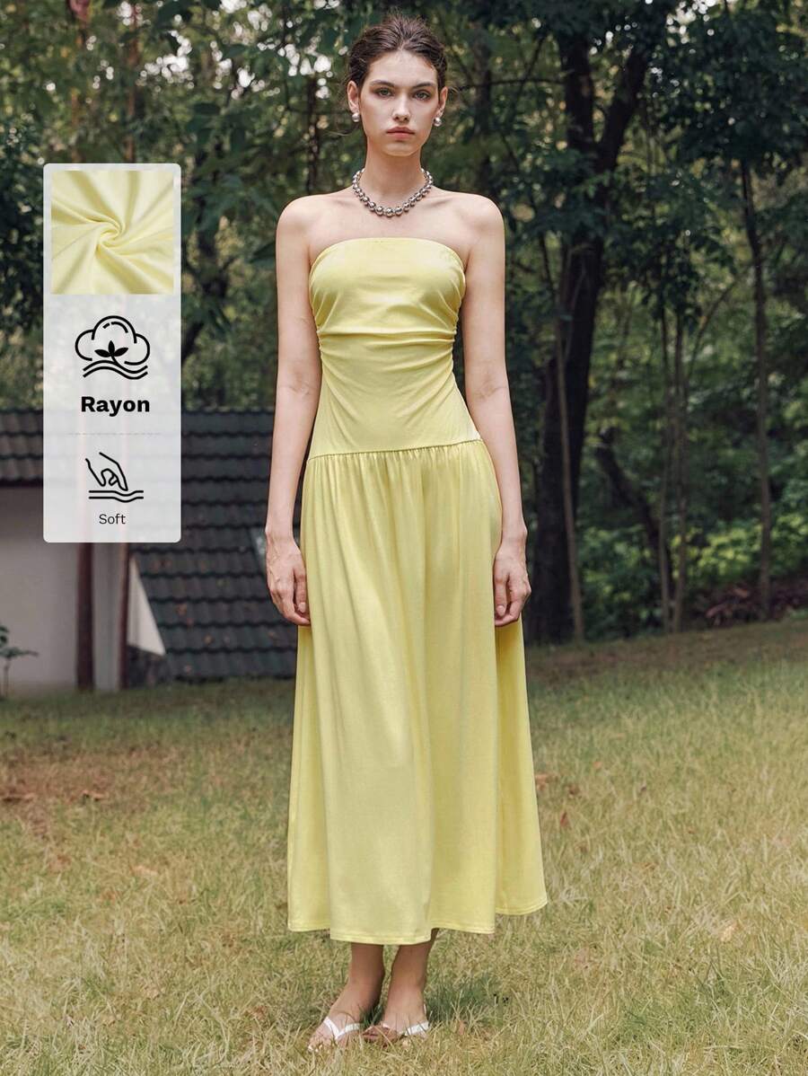 Chiquease 法式性感沙滩褶皱装饰抹胸黄色连衣裙
