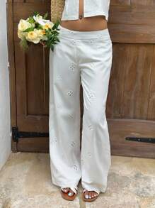 Sunnyshic White Hollow Embroidered Texture Women's Suit Pants