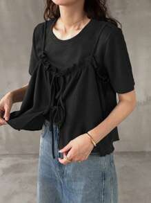 FRIFUL Women's 2 Pieces Set, Loose Fit Round Neck Short Sleeve, Tie Bow Decor, Ruched Trim Summer - Black - View 5