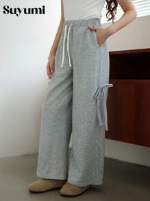 Tween Girl Grey Bowknot Hip-Hop Street Style Wide Leg Casual Sports Sweatpants, Suitable For Autumn Winter Cool Fall - Grey - View 1