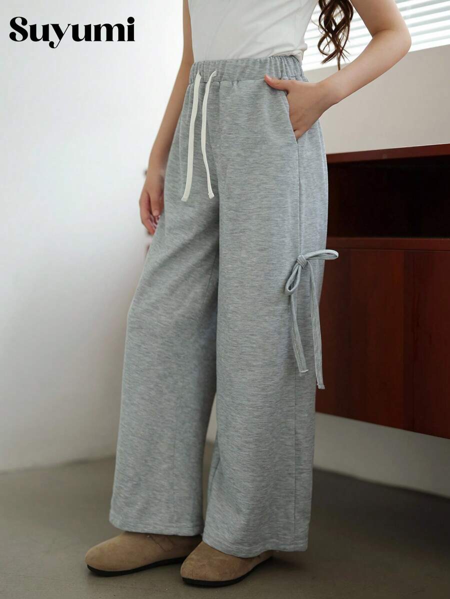 Tween Girl Grey Bowknot Hip-Hop Street Style Wide Leg Casual Sports Sweatpants, Suitable For Autumn Winter Cool Fall - Grey - View 1