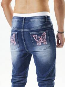 Manfinity Homme Men's Denim Jeans With Printed Pocket Decor, Slim Fit, All Season - Blue - View 8