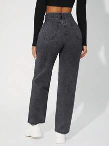 EURMUSE Sold Color Slant Pocket High Waist Straight Leg Jeans - Dark Grey - View 2