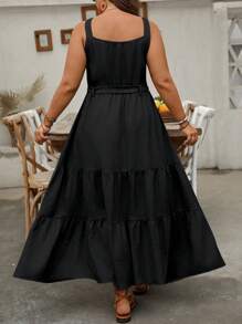 Breezaya Plus Size Women Casual Denim-Look Adjustable Strap Decor Button Dress - Black - View 2
