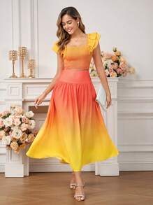 Ellevyn 2 pezzi/set Blusa con scollo quadrato a balze effetto sfumato e fiocco, e gonna lunga, set estivo per donne