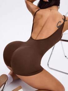 Dewbera 无缝运动双层工字背骑行短裤/镂空后背设计/时尚性感/多功能/可调节扣/户外跑步/健身/ - 咖啡棕 - 查看 1